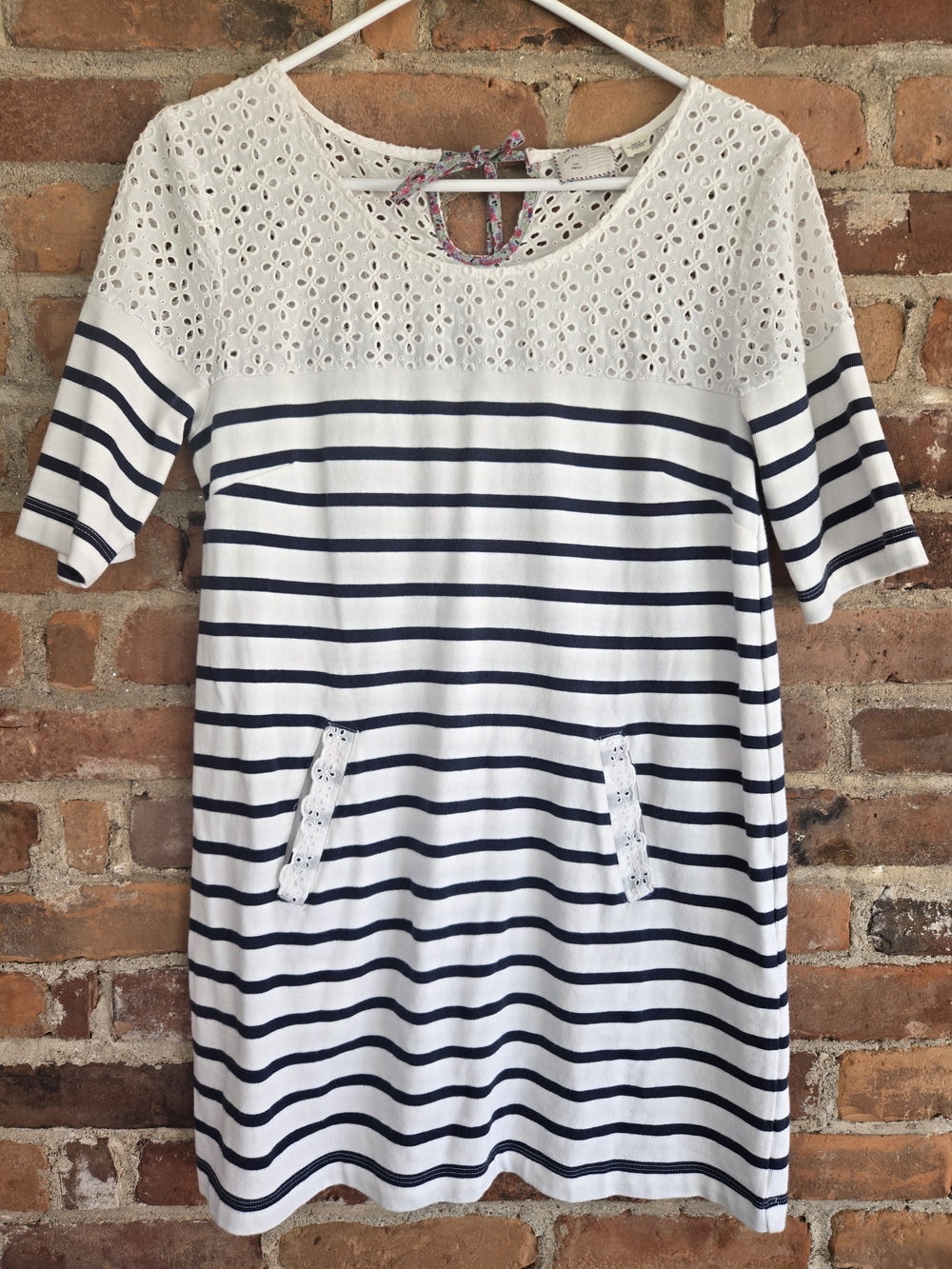 Anthropologie White and Navy Striped Eyelet Yoke Mini Dress